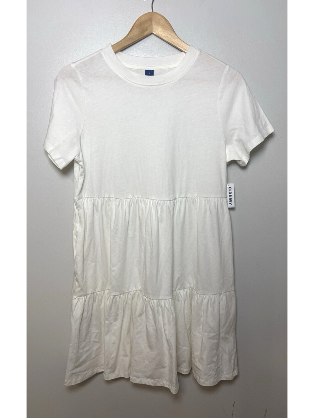 OLD NAVY Short Sleeve Tiered Slub-Knit Mini Swing Dress Small White NWT